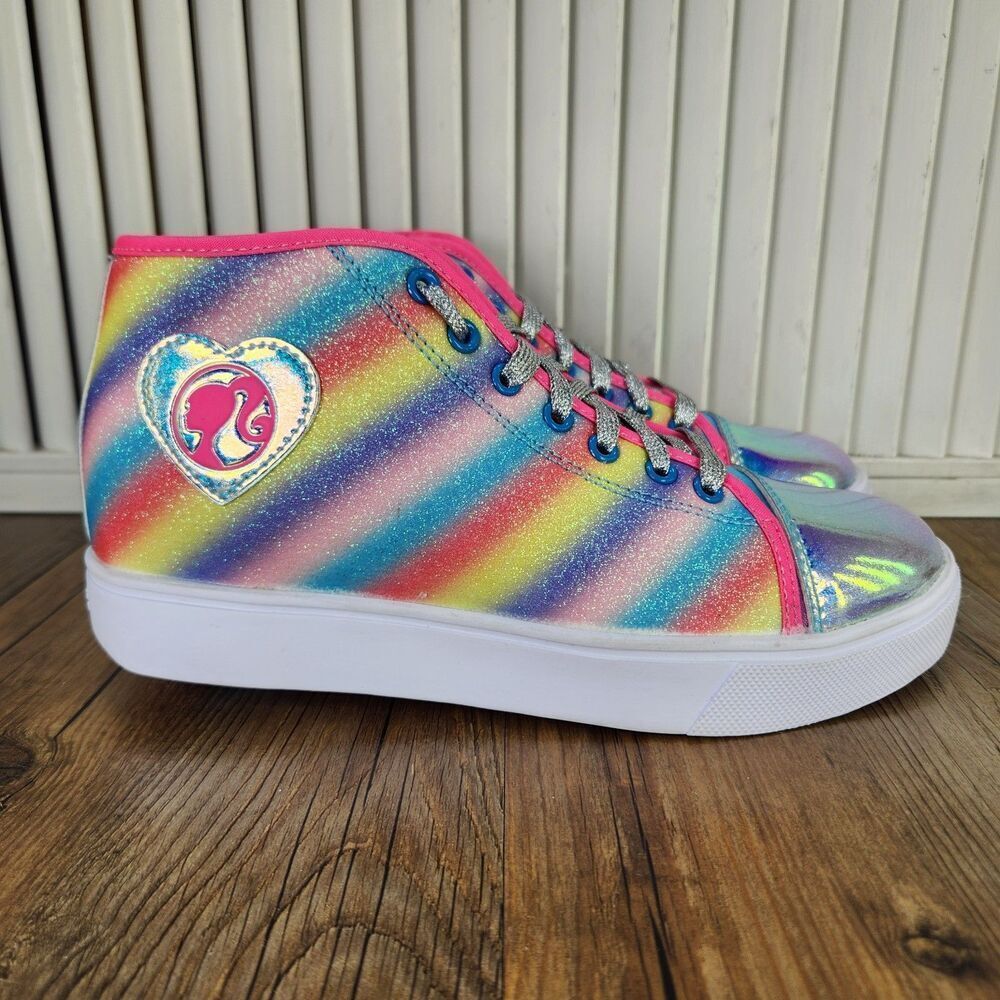 Heelys Veloz Barbie Wheeled Sneakers Womens Size 7 Rainbow Striped Sparkle Shoes